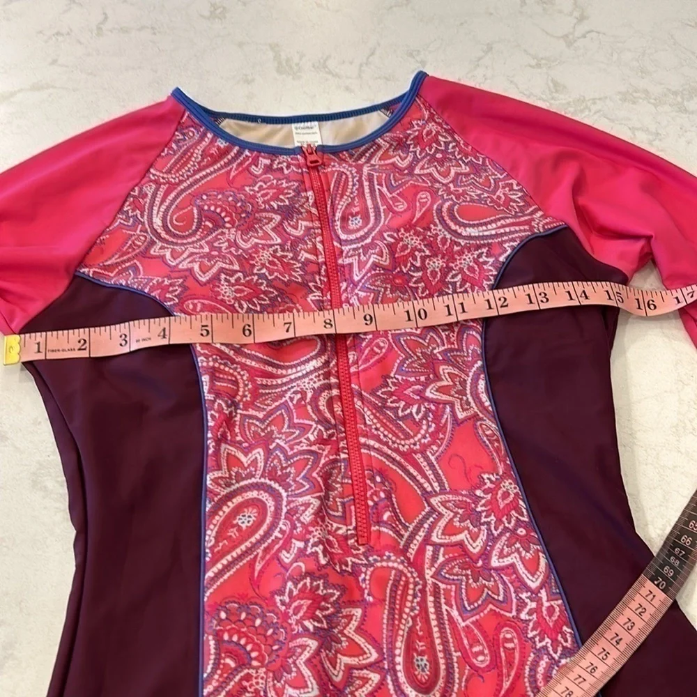 Coolibar Escalante Women's Swimsuit Pink Paisley Zip Stretch Thumbhole UPF 50